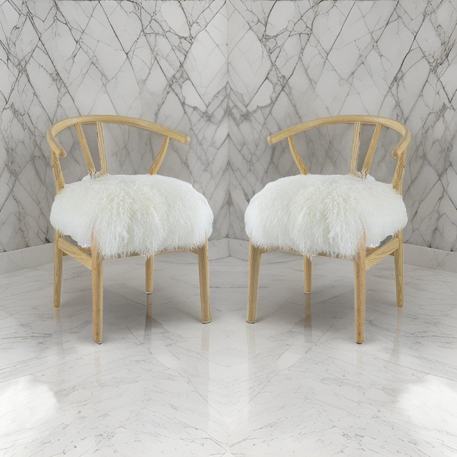 Benjara 44 Inch Accent Chair Set of 2, White Faux Fur, Wishbone, Beige Ash Wood