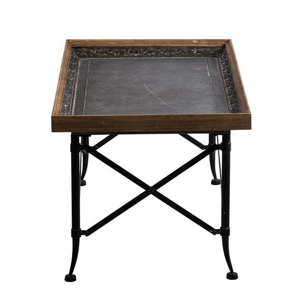 Benjara 44 Inch Coffee Table, Vintage Style Wood Tray Top, Metal Base, Brown, Black