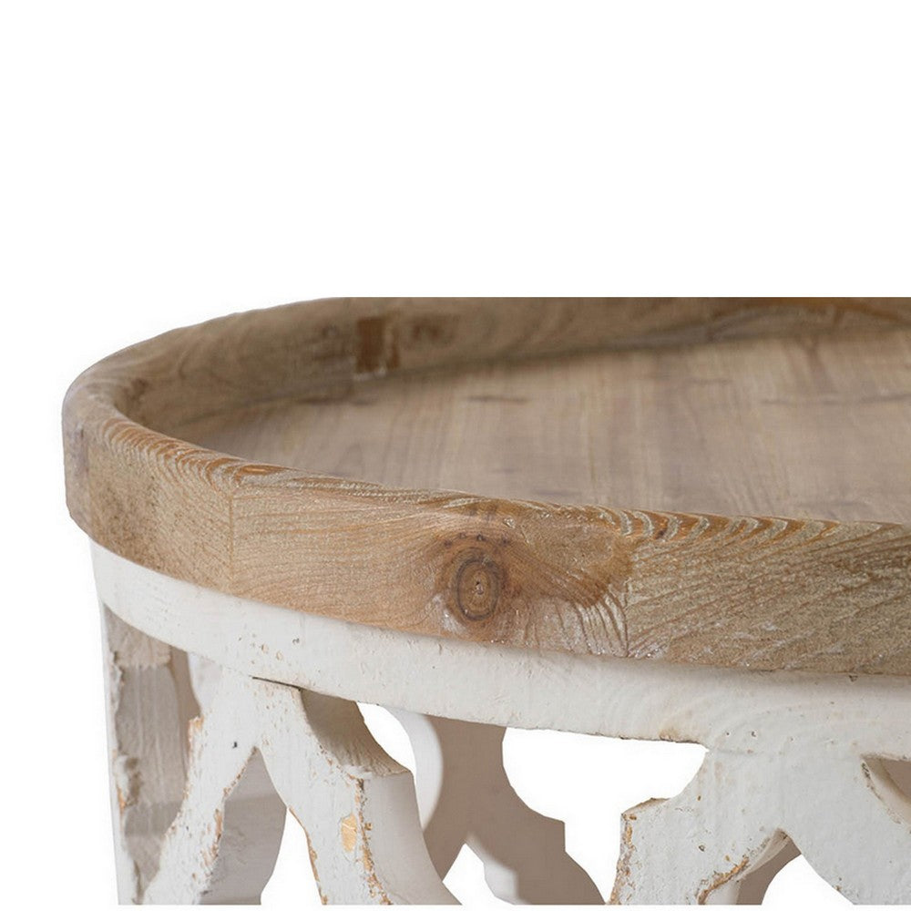 Benjara 32 Inch Coffee Table, Carved Wood, Round Tray Top, Brown And White Finish