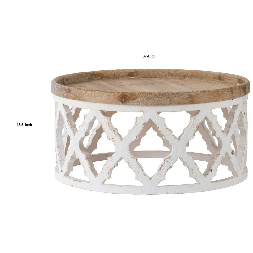 Benjara 32 Inch Coffee Table, Carved Wood, Round Tray Top, Brown And White Finish