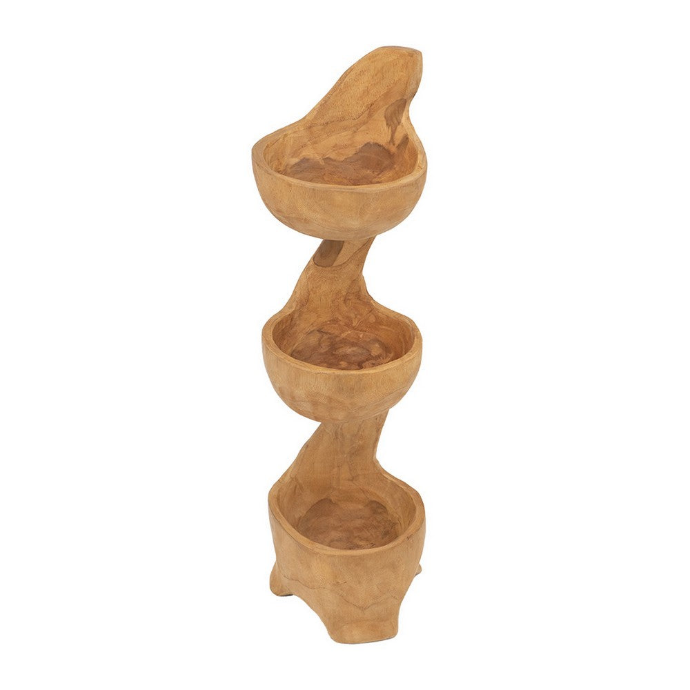 Benjara Jion 28 Inch Display Shelves, 3 Tiers, Unique Accent in Teak Wood, Brown