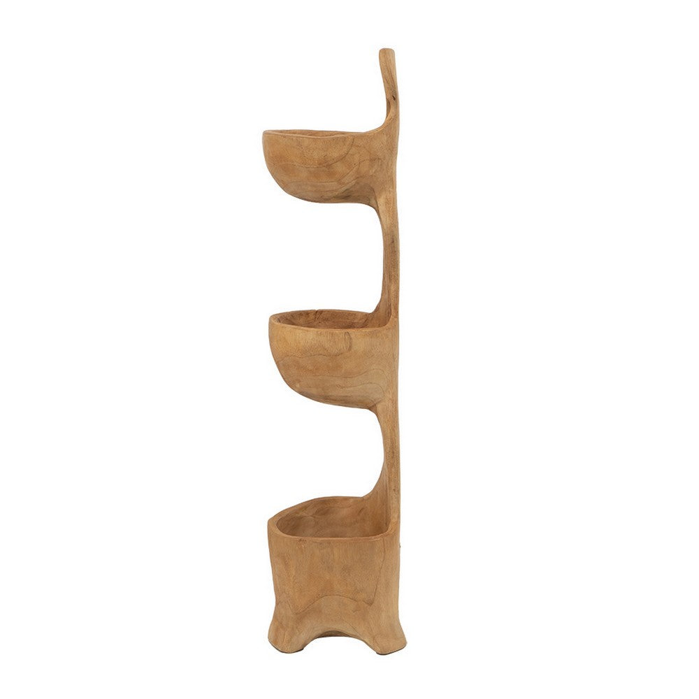 Benjara Jion 28 Inch Display Shelves, 3 Tiers, Unique Accent in Teak Wood, Brown