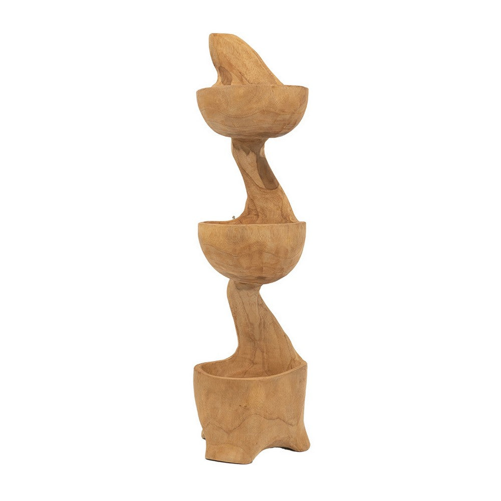 Benjara Jion 28 Inch Display Shelves, 3 Tiers, Unique Accent in Teak Wood, Brown