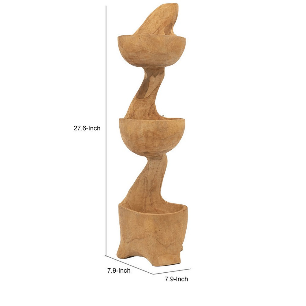 Benjara Jion 28 Inch Display Shelves, 3 Tiers, Unique Accent in Teak Wood, Brown