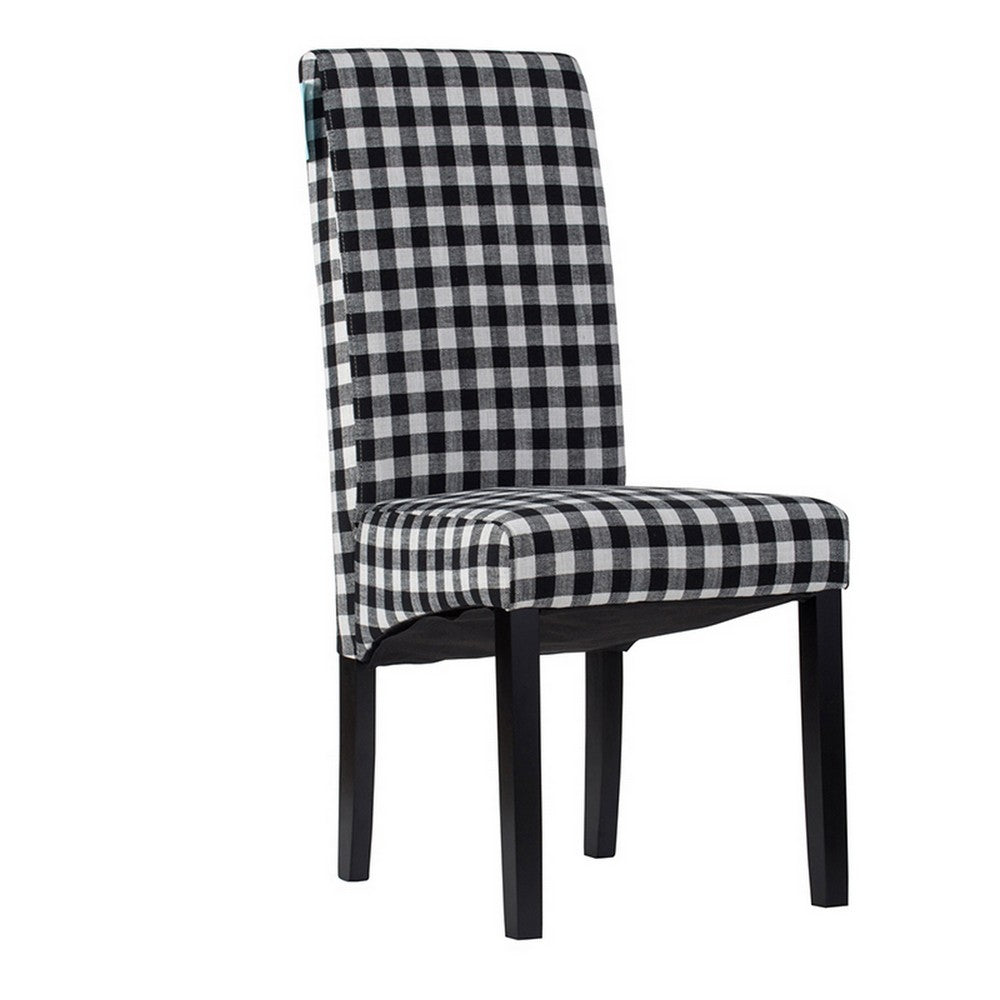 Benjara 21 Inch Side Dining Chair Set of 2, Black, White Checkered Gingham Fabric