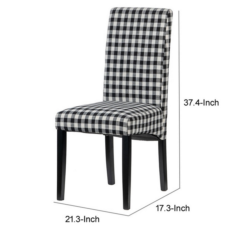 Benjara 21 Inch Side Dining Chair Set of 2, Black, White Checkered Gingham Fabric