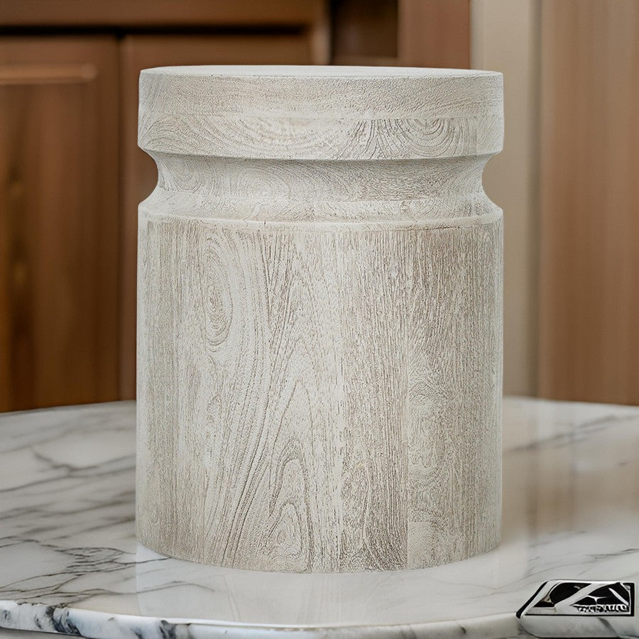 Benjara Kiv 18 Inch Side End Table, Round Mango Wood Top, Carved Accent Base, Gray