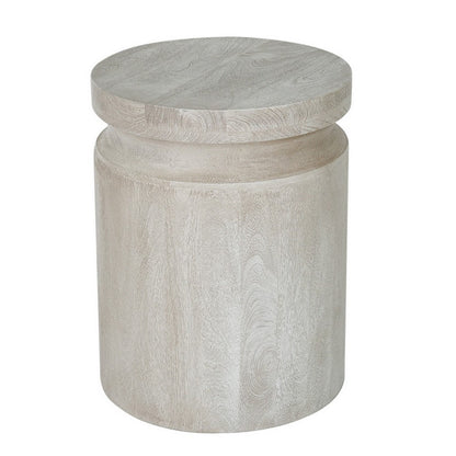 Benjara Kiv 24 Inch Side End Table, Round Mango Wood Top, Carved Accent Base, Cream