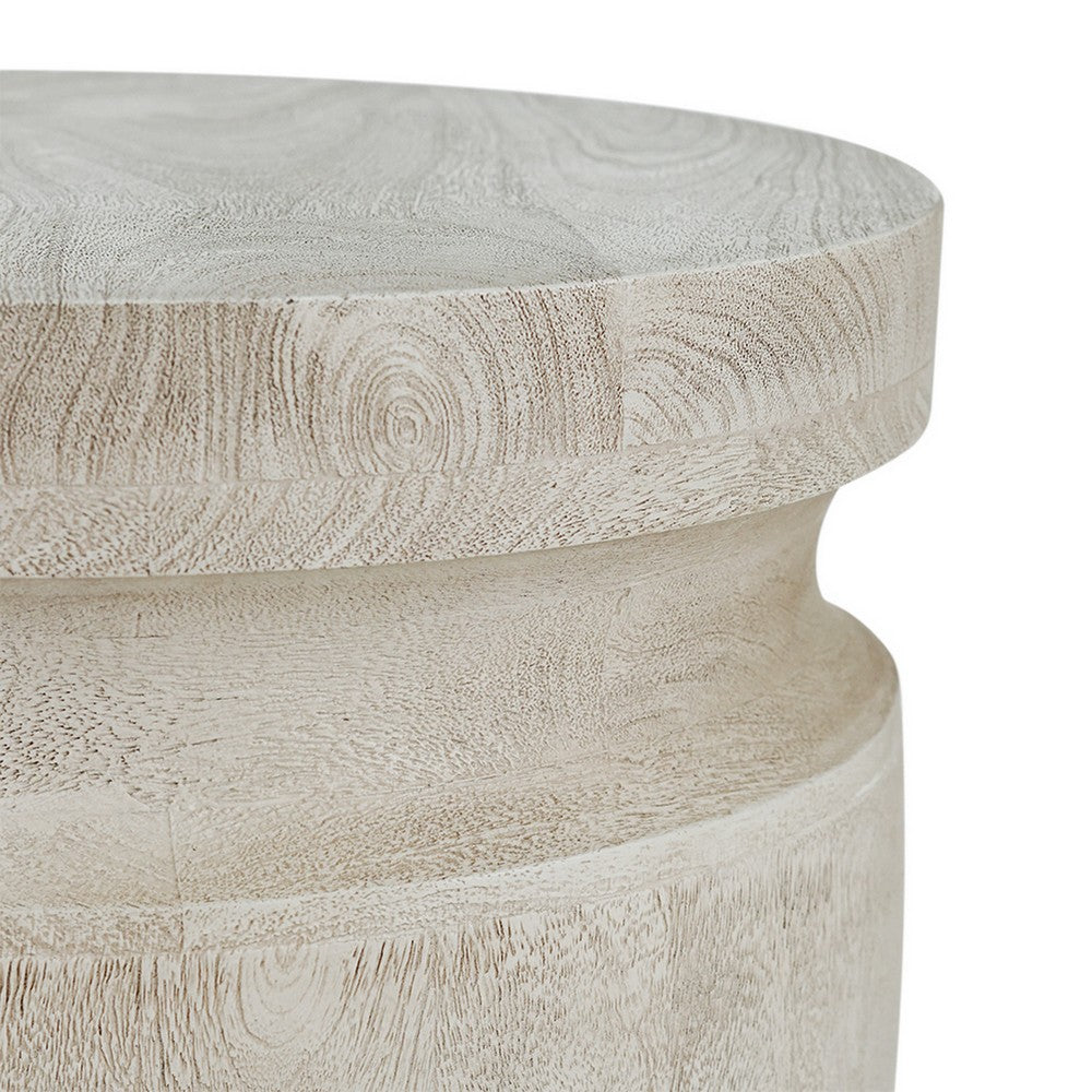 Benjara Kiv 24 Inch Side End Table, Round Mango Wood Top, Carved Accent Base, Cream