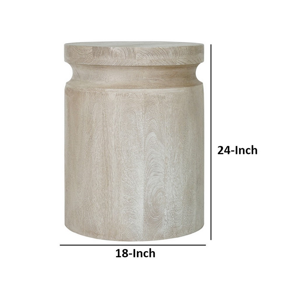 Benjara Kiv 24 Inch Side End Table, Round Mango Wood Top, Carved Accent Base, Cream