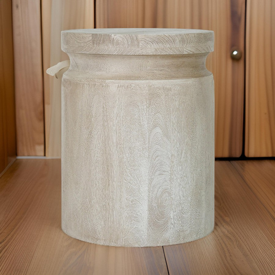 Benjara Kiv 24 Inch Side End Table, Round Mango Wood Top, Carved Accent Base, Cream
