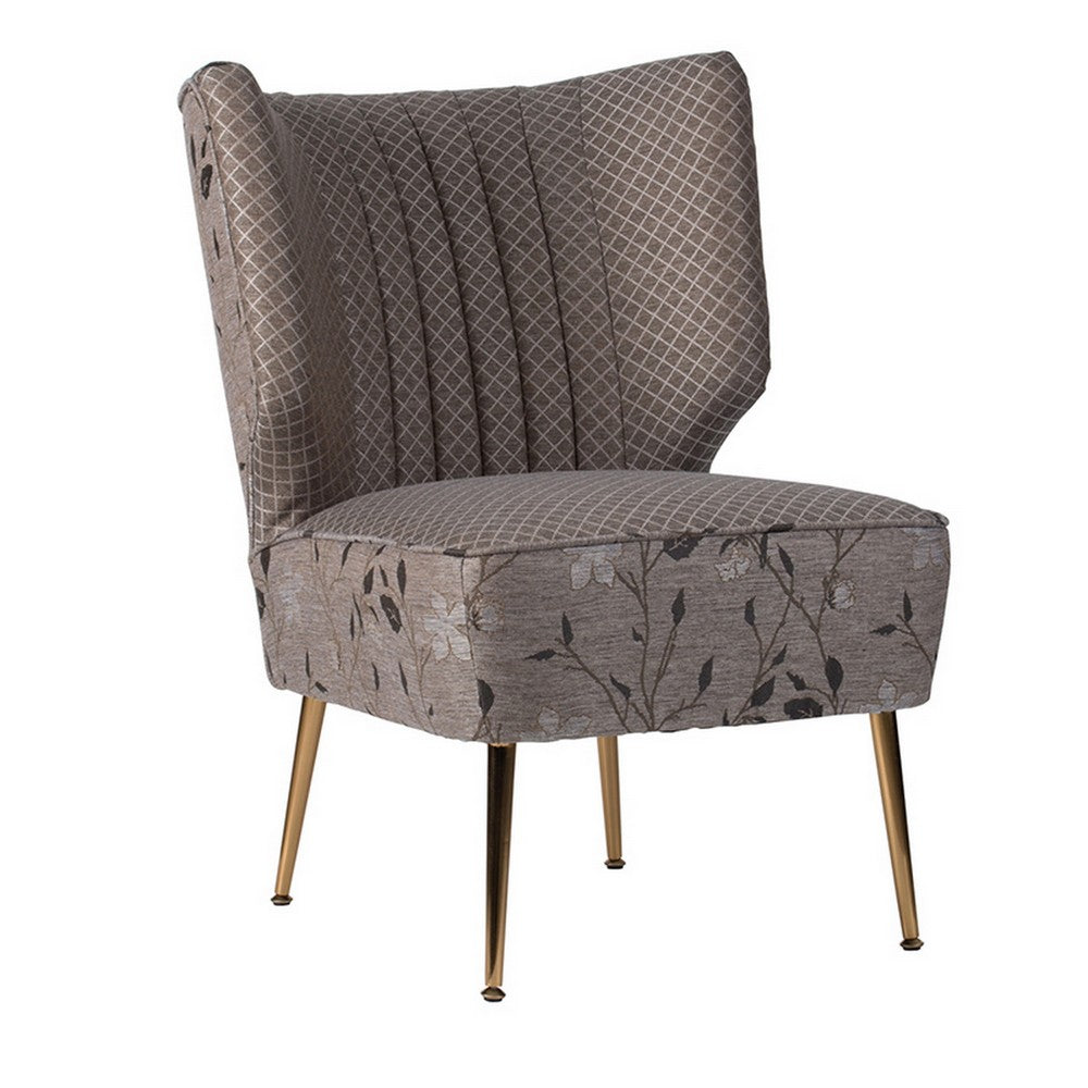Benjara 30 Inch Accent Leisure Chair, Taupe Gray Tufted Floral Fabric, Wingback