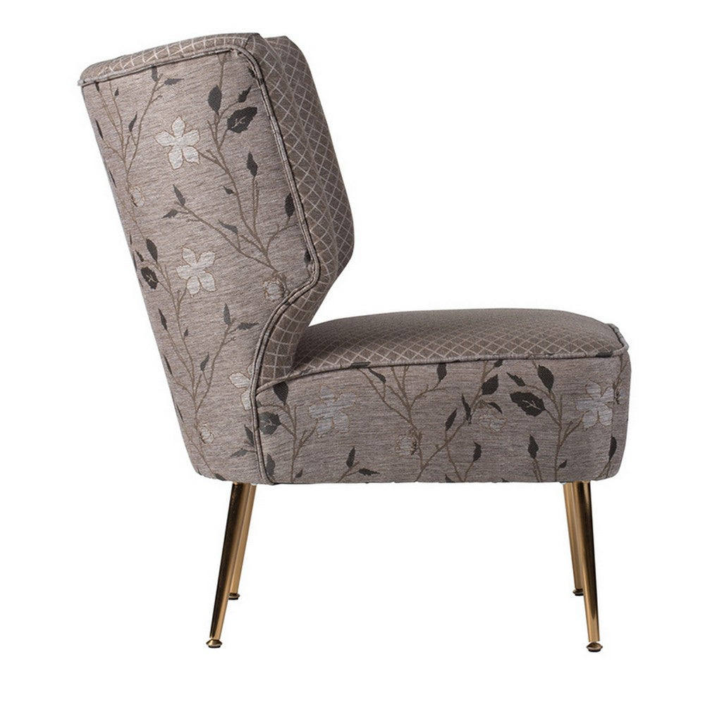 Benjara 30 Inch Accent Leisure Chair, Taupe Gray Tufted Floral Fabric, Wingback