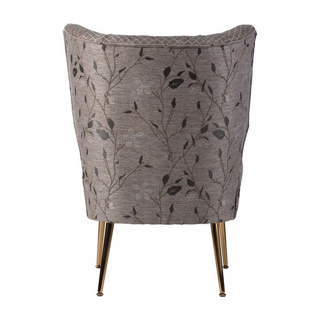 Benjara 30 Inch Accent Leisure Chair, Taupe Gray Tufted Floral Fabric, Wingback