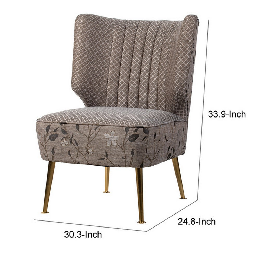 Benjara 30 Inch Accent Leisure Chair, Taupe Gray Tufted Floral Fabric, Wingback