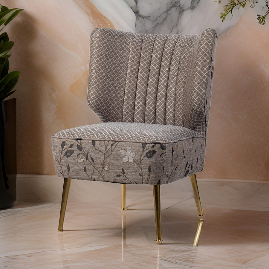 Benjara 30 Inch Accent Leisure Chair, Taupe Gray Tufted Floral Fabric, Wingback