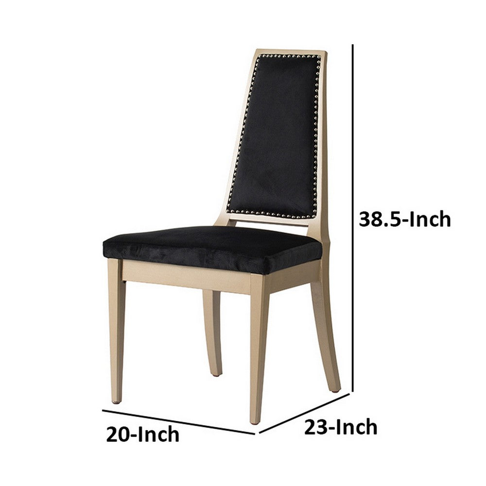 Benjara 23 Inch Side Dining Chair, Black Soft Velvet Upholstery, Beige Rubberwood
