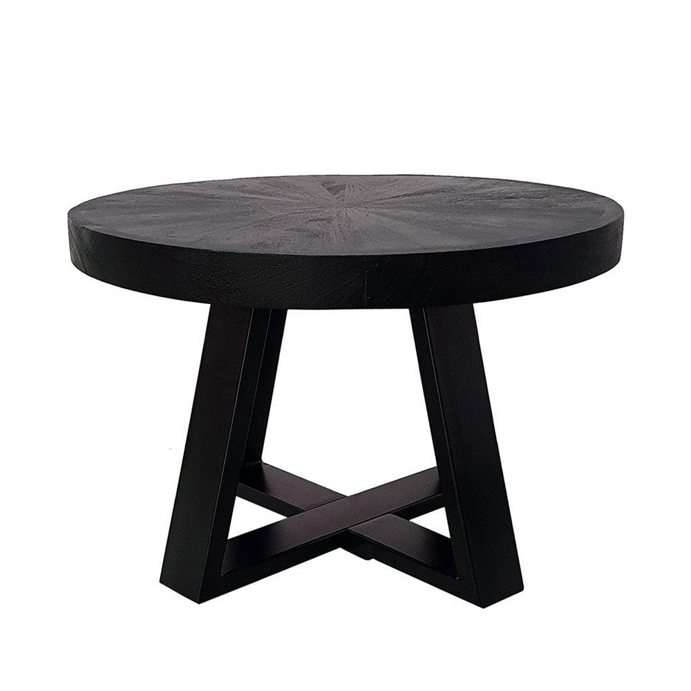 Benjara Raj 24 Inch Round Coffee Table, Cross Leg Design, Black Acacia Wood, Iron