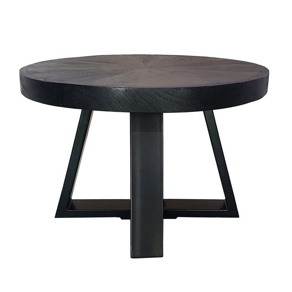 Benjara Raj 24 Inch Round Coffee Table, Cross Leg Design, Black Acacia Wood, Iron