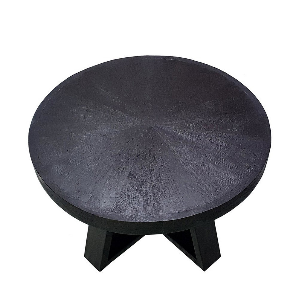 Benjara Raj 24 Inch Round Coffee Table, Cross Leg Design, Black Acacia Wood, Iron