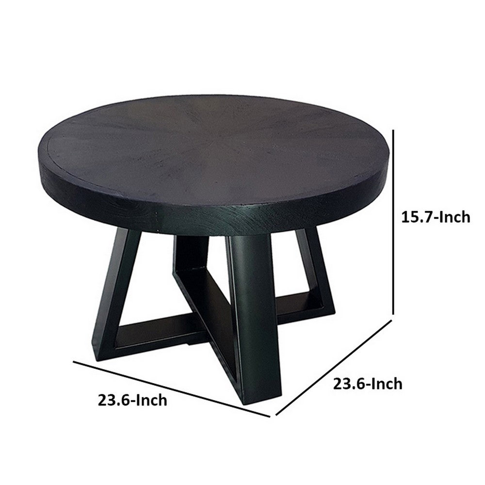 Benjara Raj 24 Inch Round Coffee Table, Cross Leg Design, Black Acacia Wood, Iron