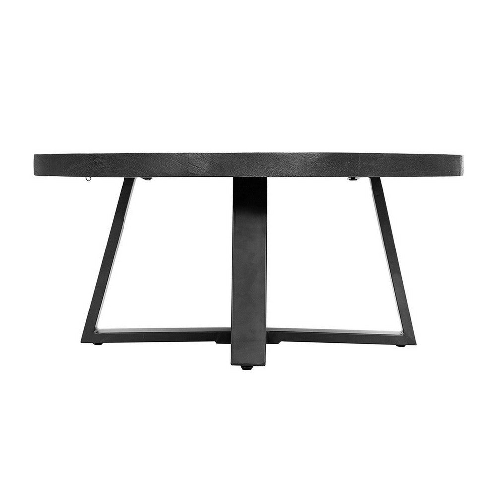 Benjara Raj 39 Inch Round Coffee Table, Cross Legs Design, Black Acacia Wood, Iron