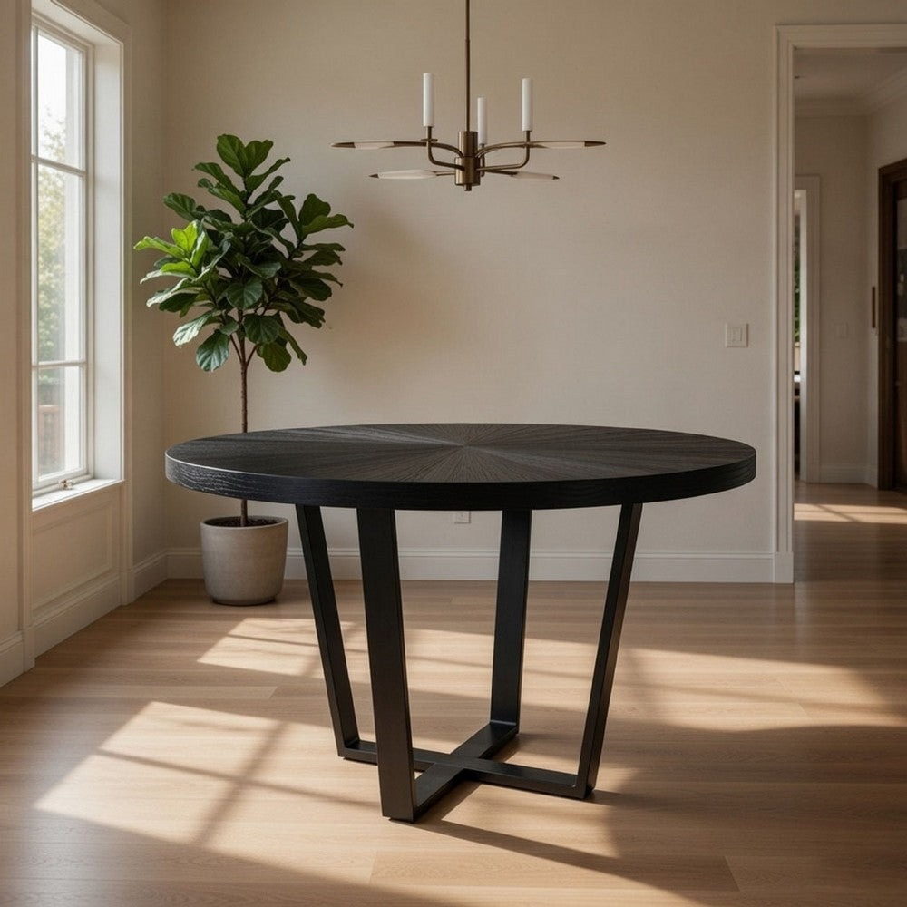 Benjara Raj 47 Inch Round Dining Table, Cross Legs Design, Black Acacia Wood, Iron