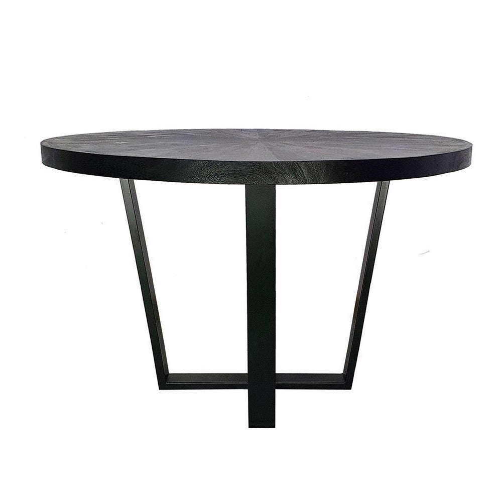 Benjara Raj 47 Inch Round Dining Table, Cross Legs Design, Black Acacia Wood, Iron