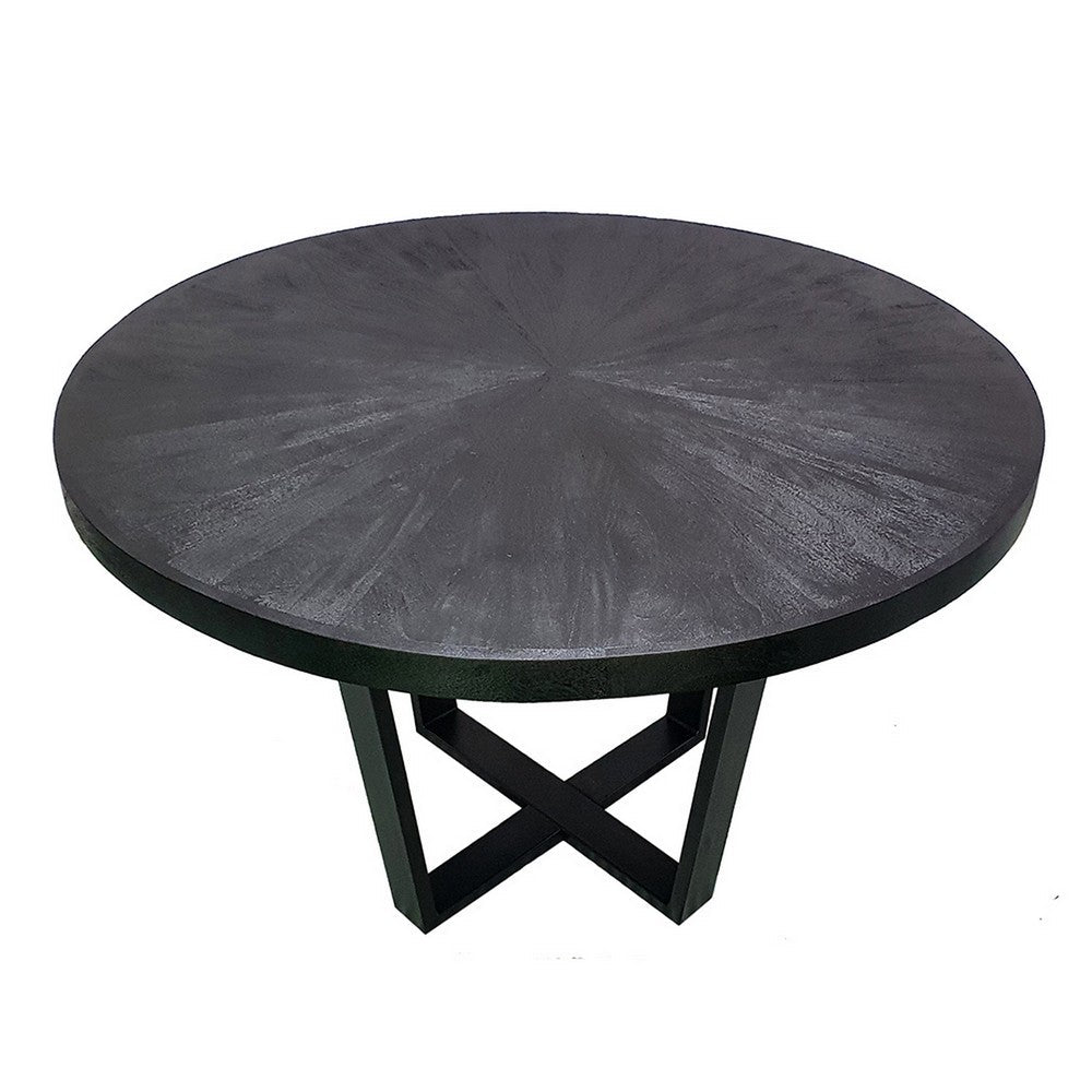 Benjara Raj 47 Inch Round Dining Table, Cross Legs Design, Black Acacia Wood, Iron