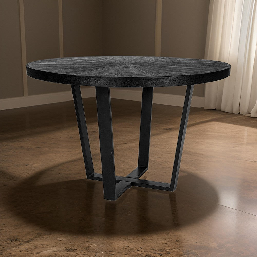 Benjara Raj 47 Inch Round Dining Table, Cross Legs Design, Black Acacia Wood, Iron