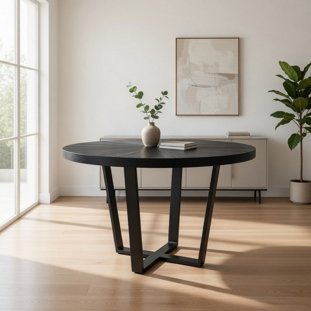 Benjara Raj 47 Inch Round Dining Table, Cross Legs Design, Black Acacia Wood, Iron
