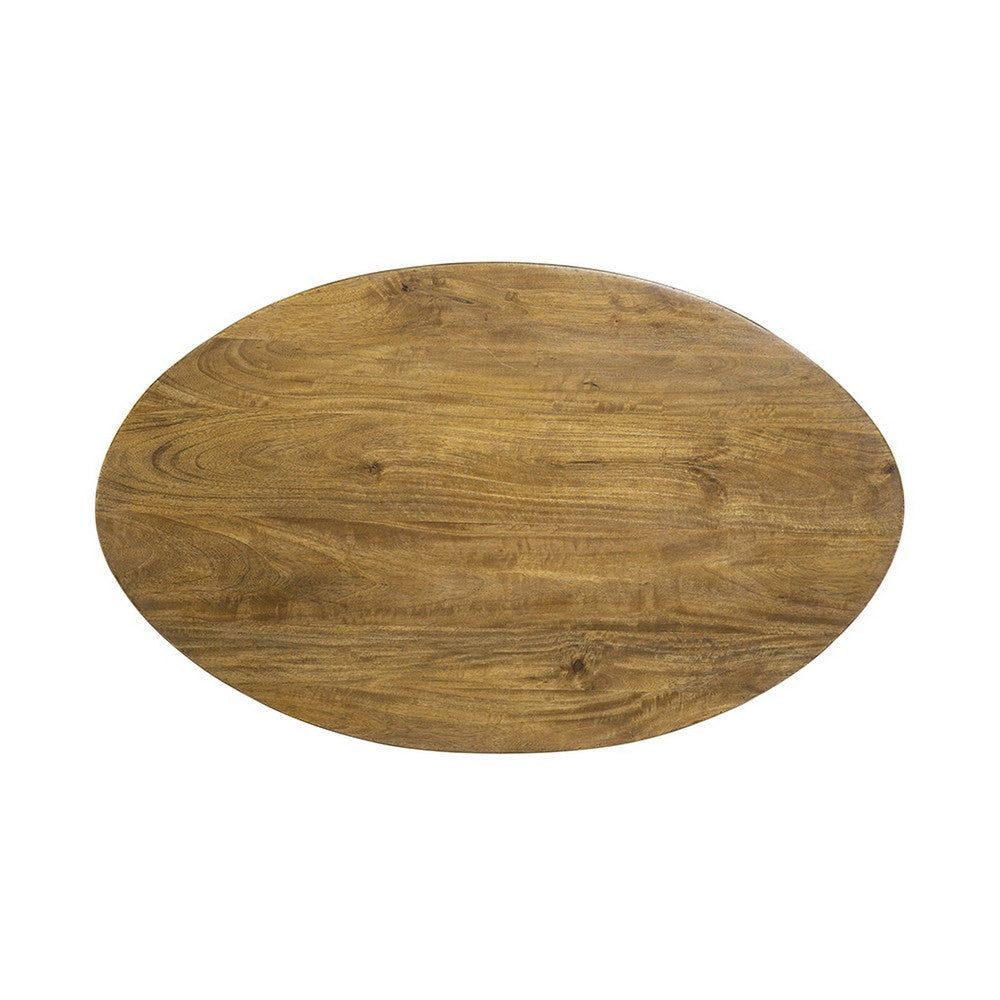 Benjara 39 Inch Coffee Table, Oval Mango Wood Top, Angled Iron Legs, Rustic Brown