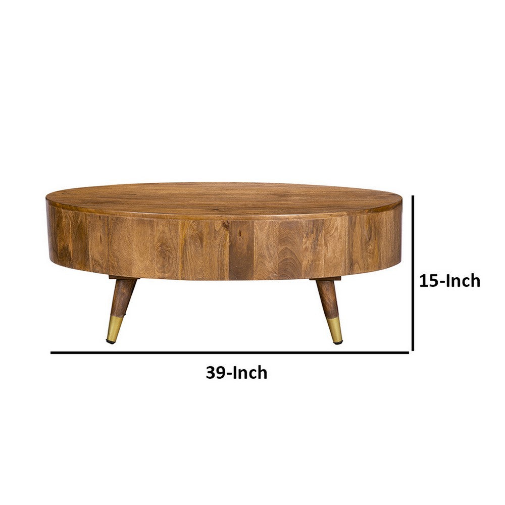 Benjara 39 Inch Coffee Table, Oval Mango Wood Top, Angled Iron Legs, Rustic Brown