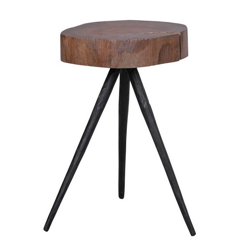 Benjara 24 Inch Side End Table, Round Mango Wood Brown Tree Top, Black Metal Tripod