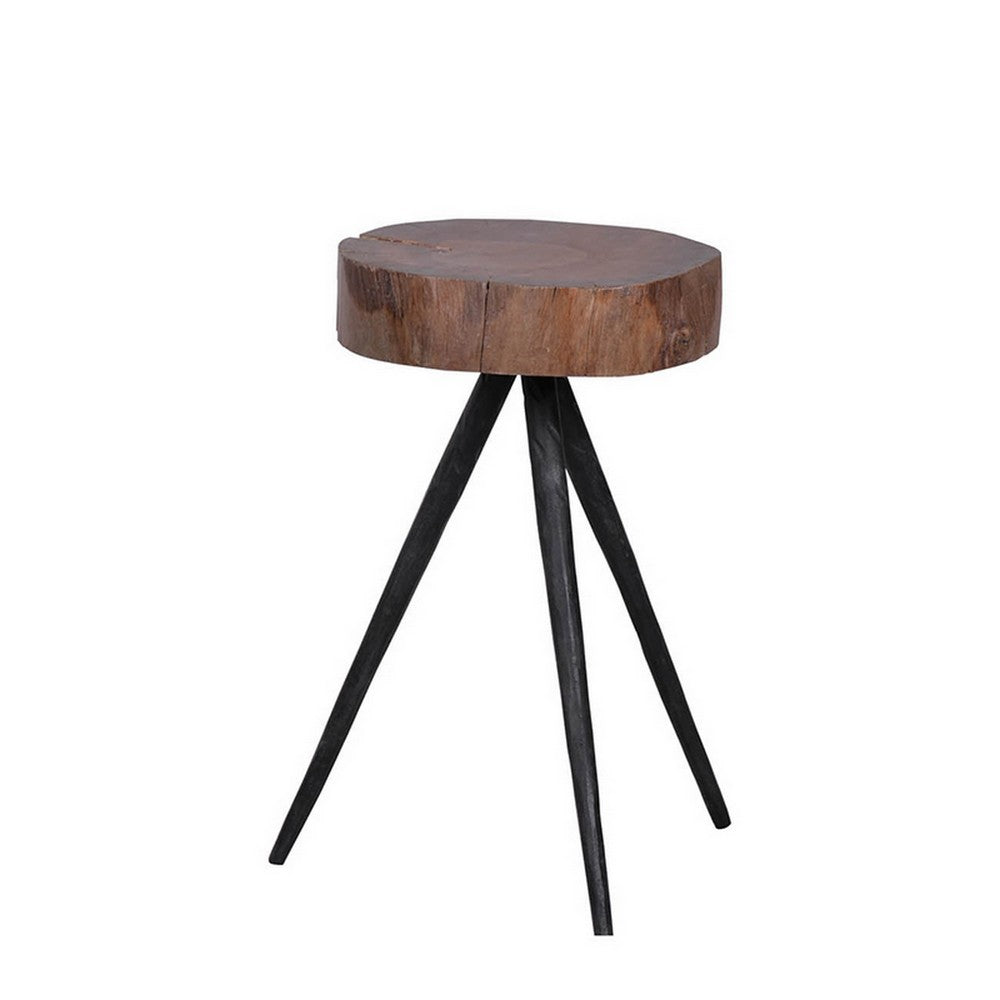 Benjara 24 Inch Side End Table, Round Mango Wood Brown Tree Top, Black Metal Tripod