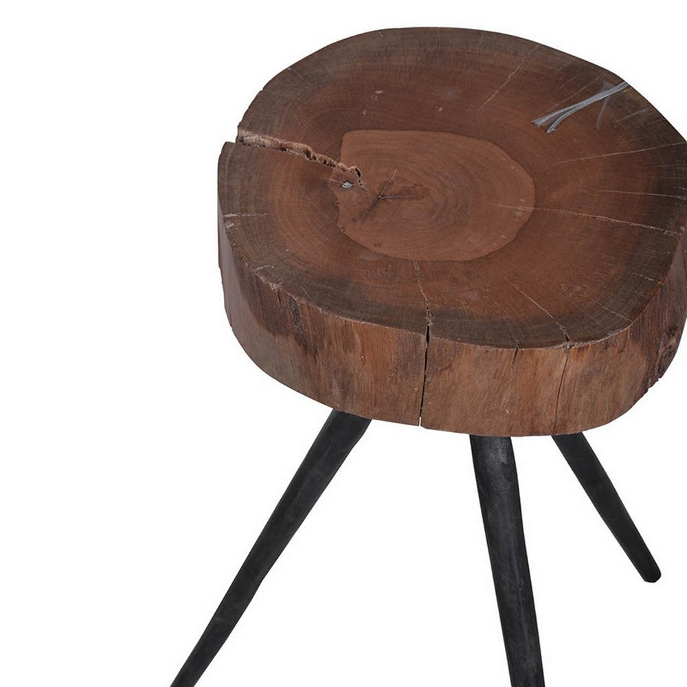 Benjara 24 Inch Side End Table, Round Mango Wood Brown Tree Top, Black Metal Tripod