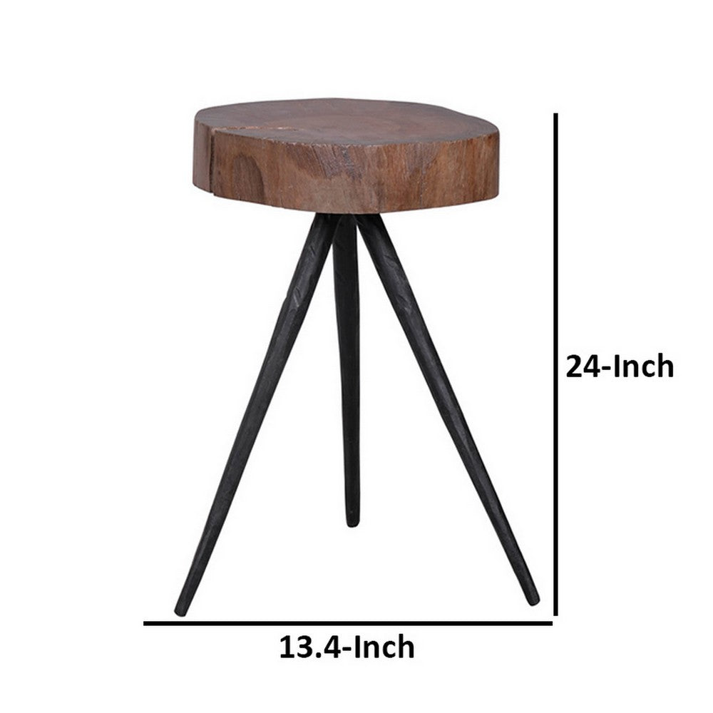 Benjara 24 Inch Side End Table, Round Mango Wood Brown Tree Top, Black Metal Tripod