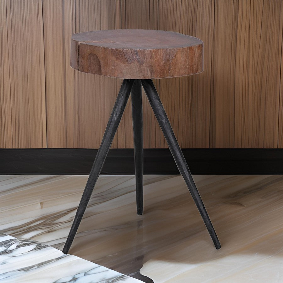 Benjara 24 Inch Side End Table, Round Mango Wood Brown Tree Top, Black Metal Tripod