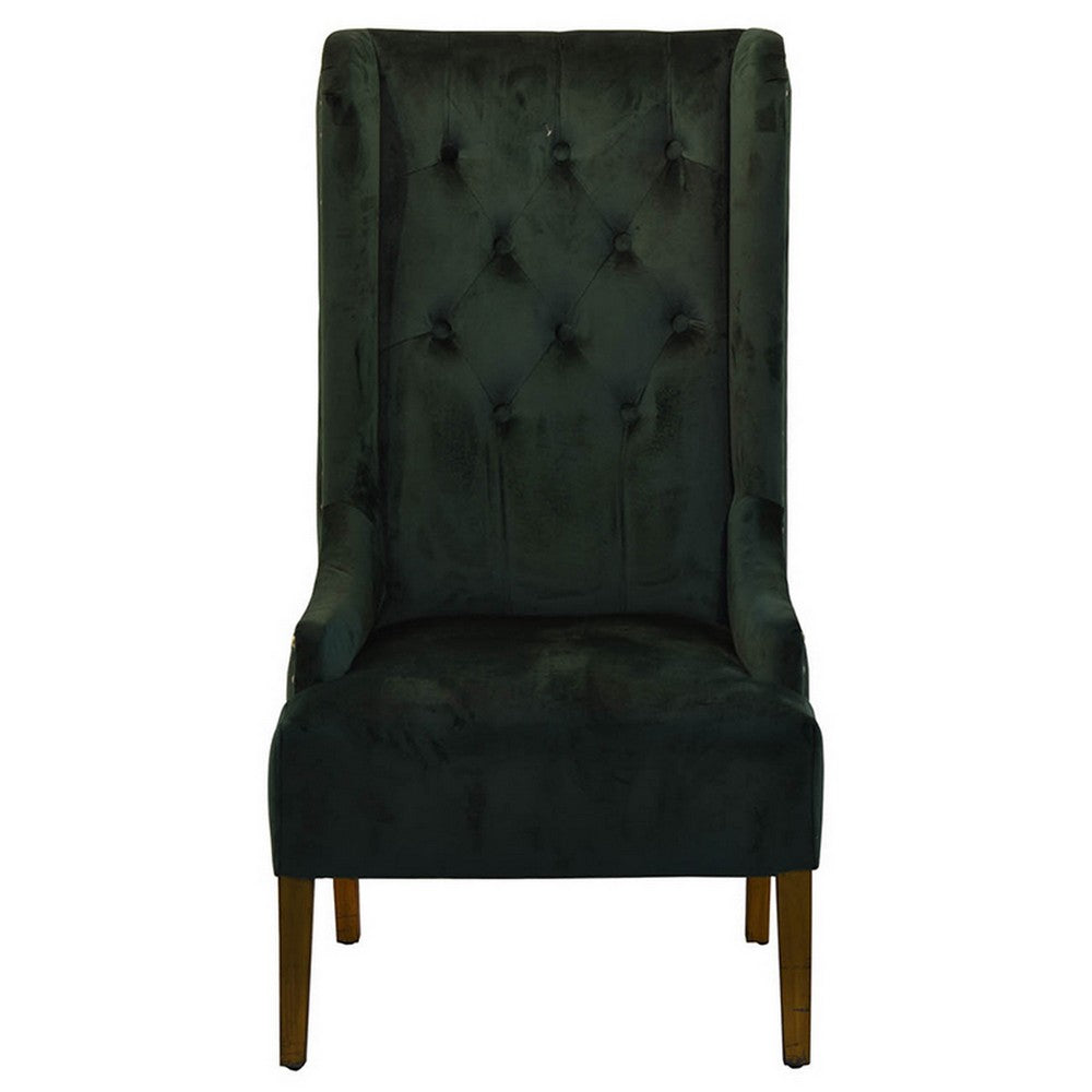 Benjara 28 Inch Accent Armchair, Wingback Design, Tufted Emerald Green Polyester