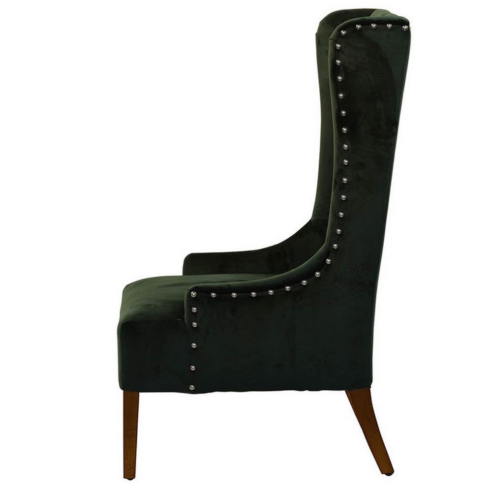 Benjara 28 Inch Accent Armchair, Wingback Design, Tufted Emerald Green Polyester