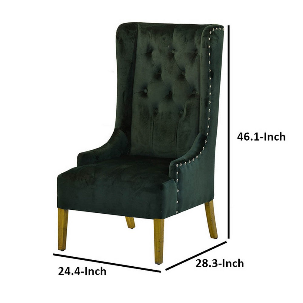 Benjara 28 Inch Accent Armchair, Wingback Design, Tufted Emerald Green Polyester