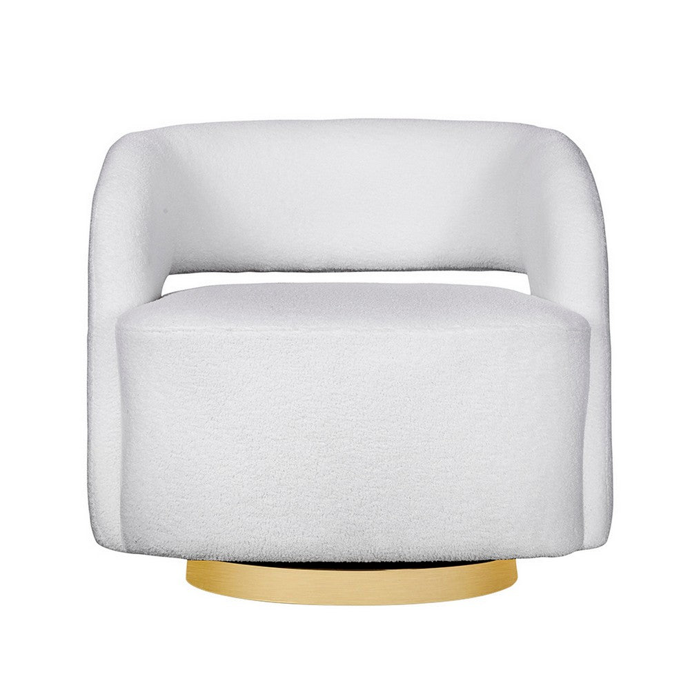 Benjara Xion 30 Inch Swivel Accent Chair, White Fabric Upholstery, Gold Iron Base