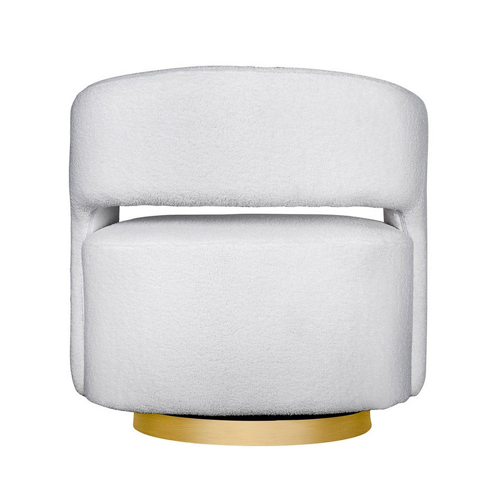 Benjara Xion 30 Inch Swivel Accent Chair, White Fabric Upholstery, Gold Iron Base