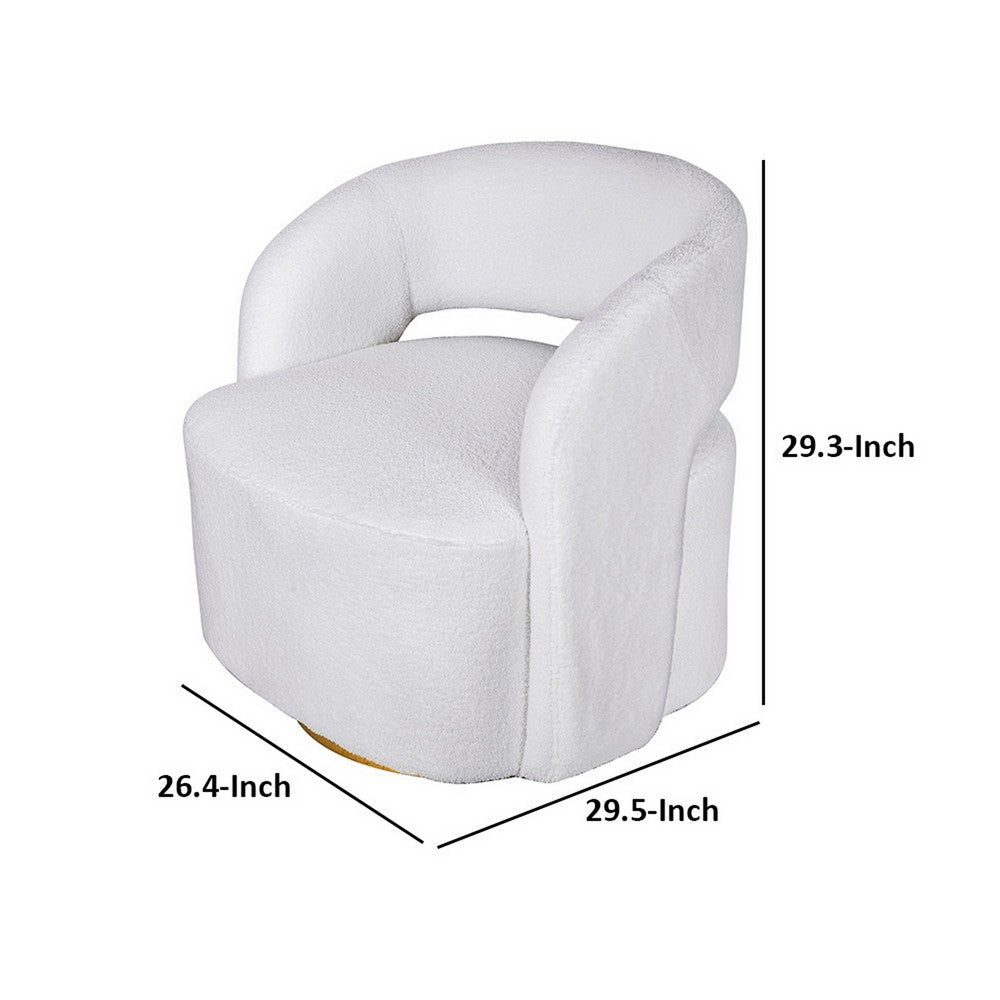 Benjara Xion 30 Inch Swivel Accent Chair, White Fabric Upholstery, Gold Iron Base