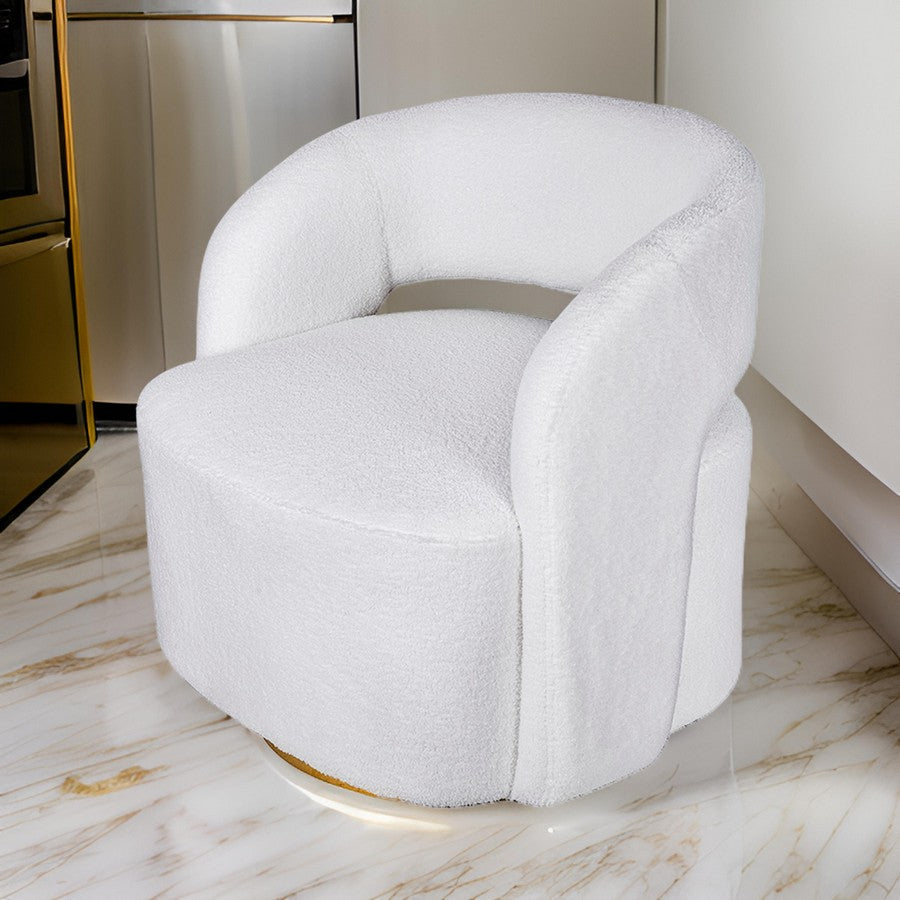 Benjara Xion 30 Inch Swivel Accent Chair, White Fabric Upholstery, Gold Iron Base