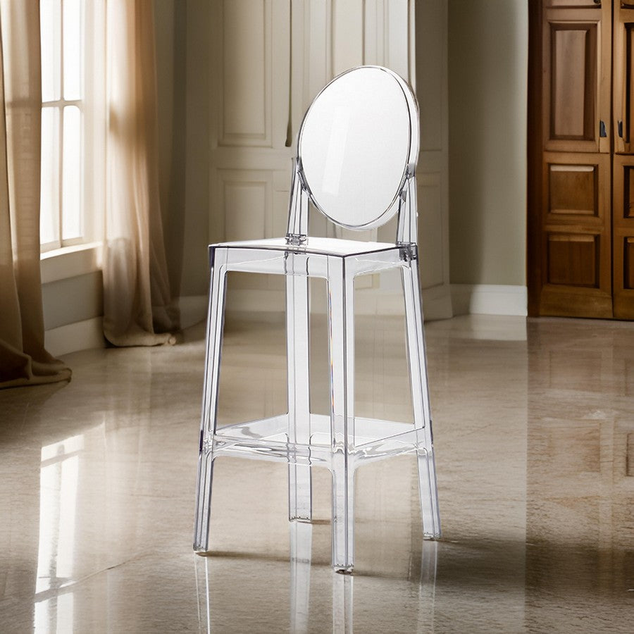 Benjara 30 Inch Barstool Chair, Transparent Clear Acrylic Frame, Oval Backrest