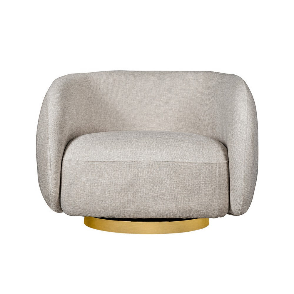 Benjara Eros 35 Inch Swivel Accent Chair, Plush White Fabric Upholstery, Gold Base