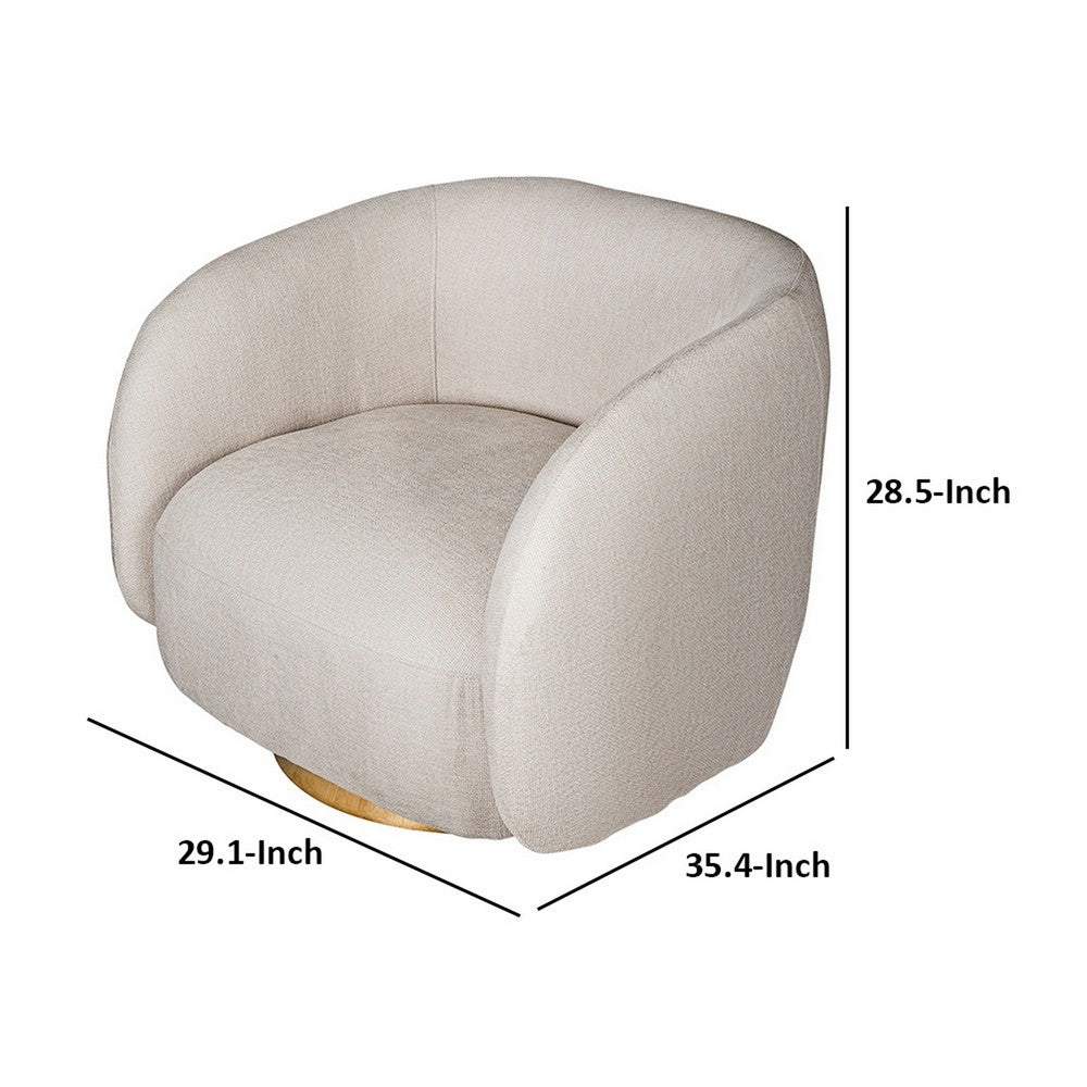 Benjara Eros 35 Inch Swivel Accent Chair, Plush White Fabric Upholstery, Gold Base