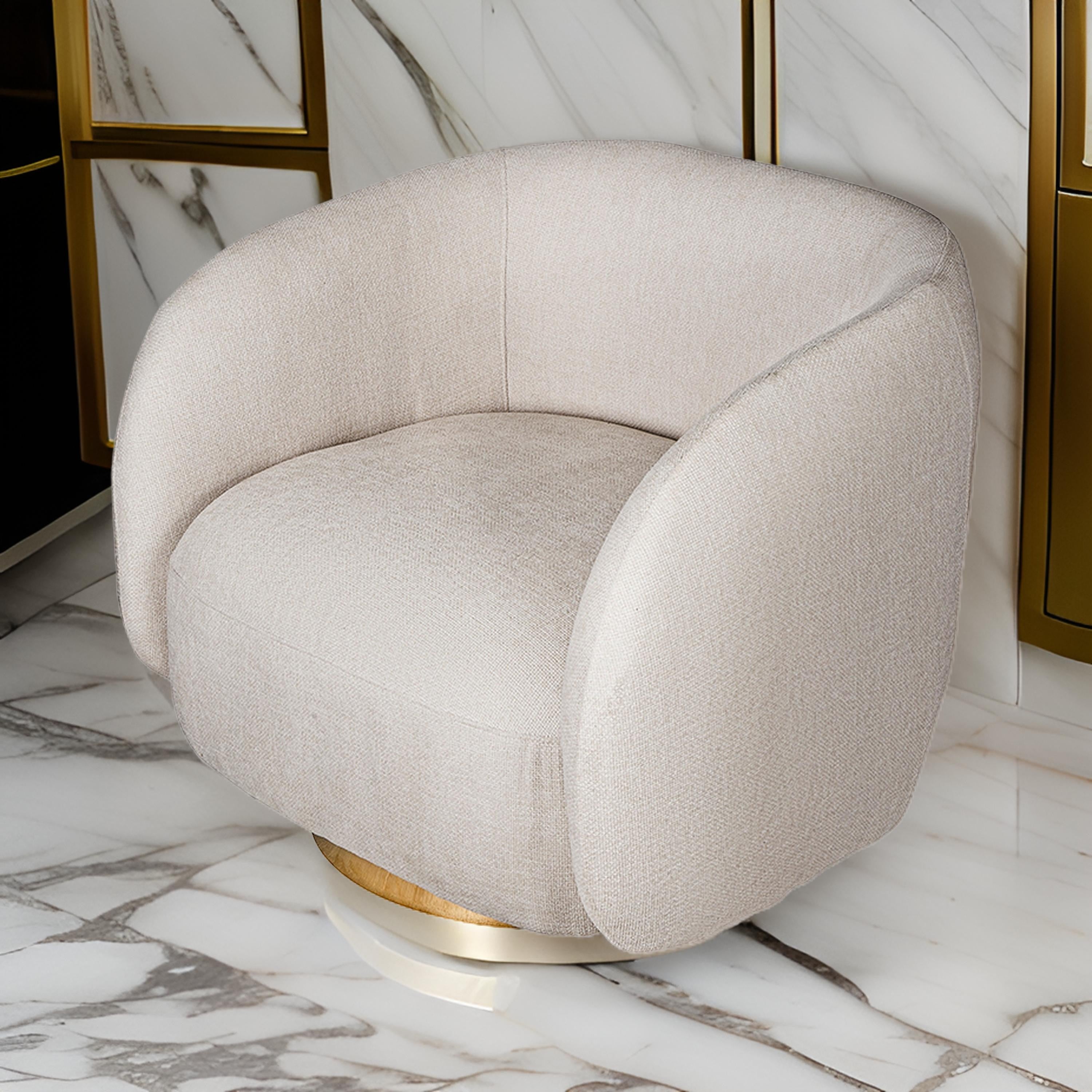 Benjara Eros 35 Inch Swivel Accent Chair, Plush White Fabric Upholstery, Gold Base