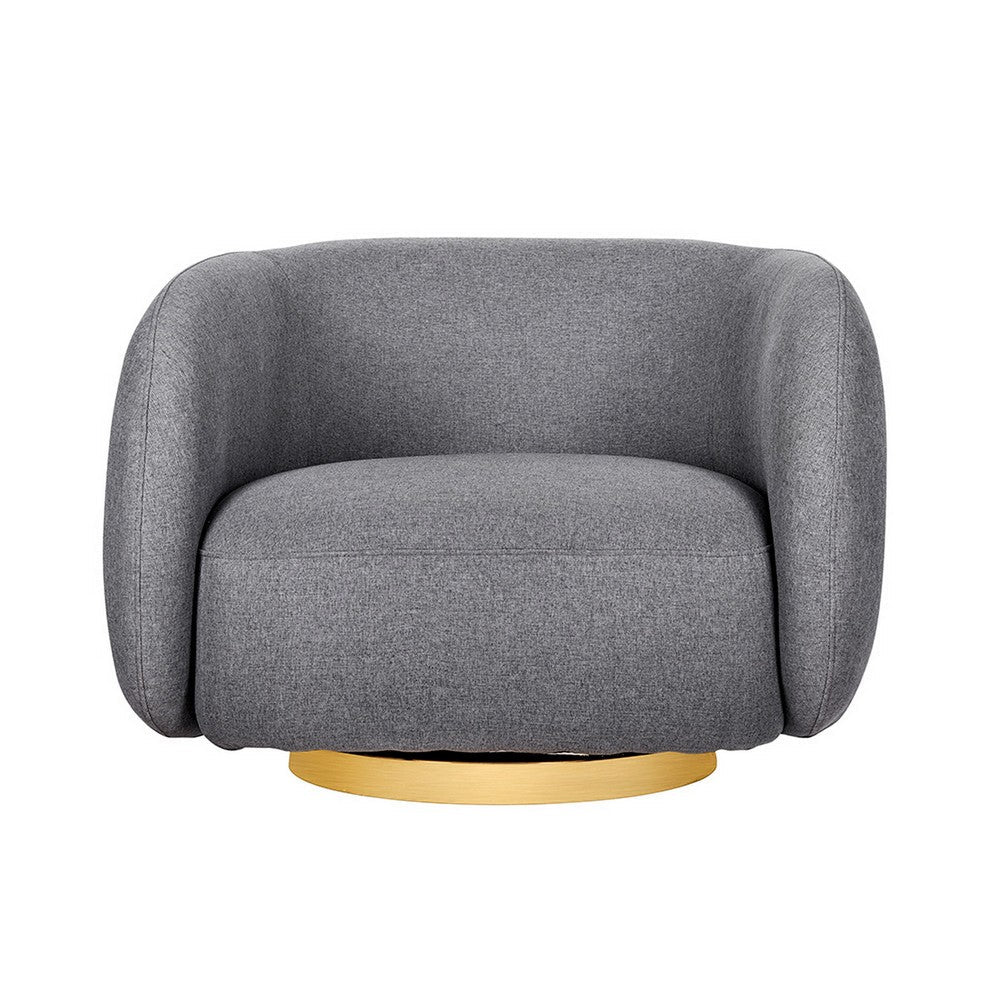 Benjara Eros 35 Inch Swivel Accent Chair, Plush Gray Fabric Upholstery, Gold Base